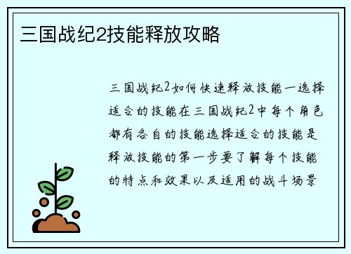 三国战纪2技能释放攻略